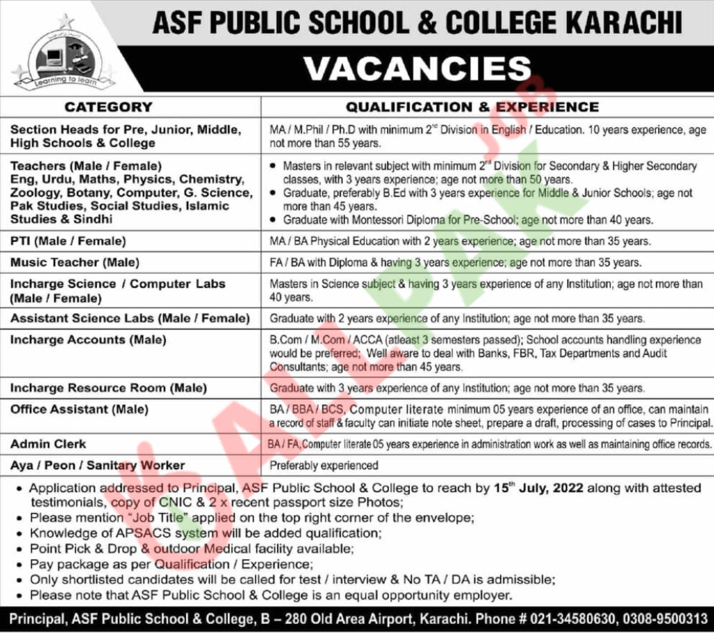 Job Openings at ASF Public School & College – Apply Now